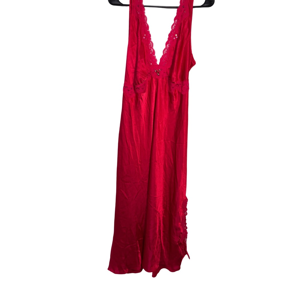 VTG California Dynasty Nightgown Size LRed Satin‎ Lace Trim Sequin Rosette Glam